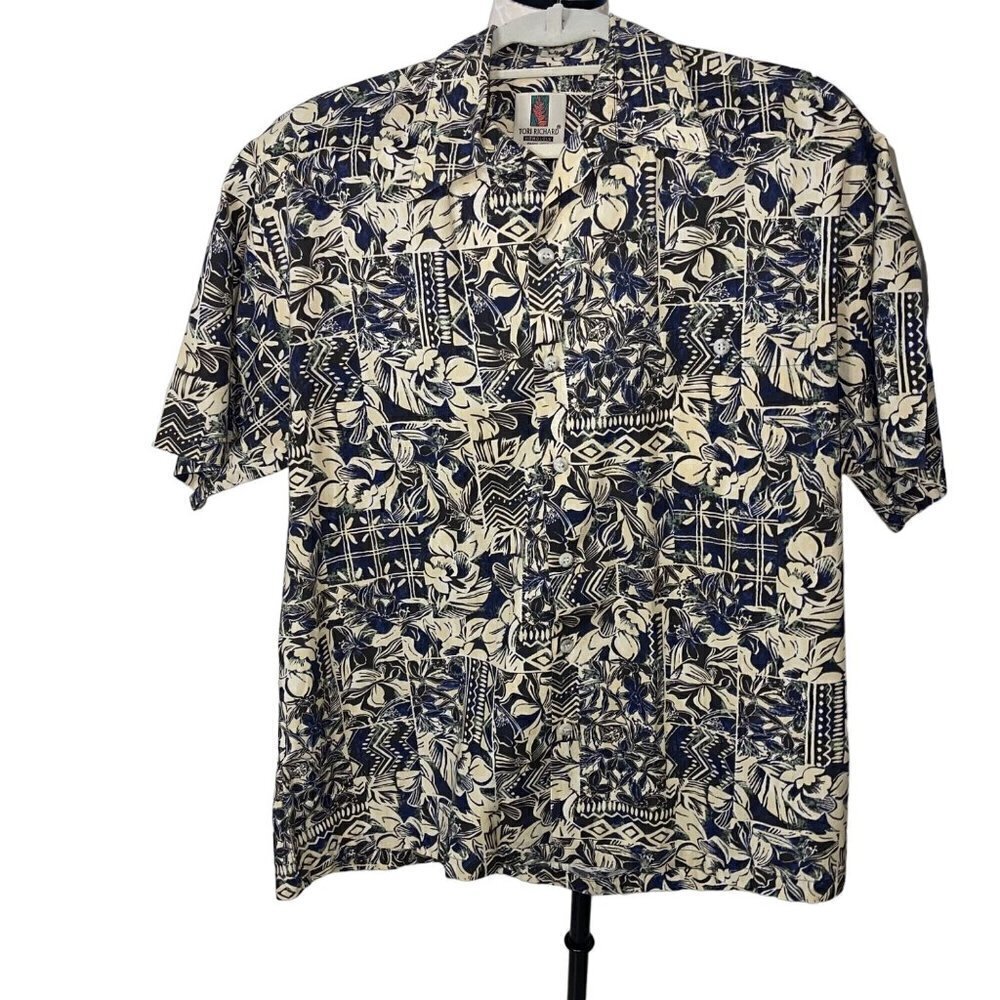 Tori Richard Vintage Mens Shirt Size Large Blue Beige Aloha Cotton USA Rare